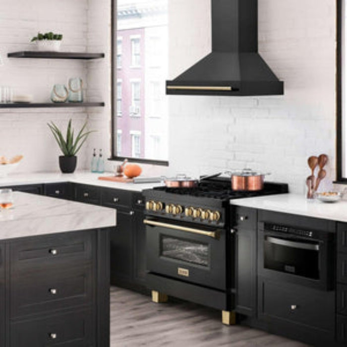 ZLINE 36" Black Stainless Steel Range Hood with Champagne Bronze Handle