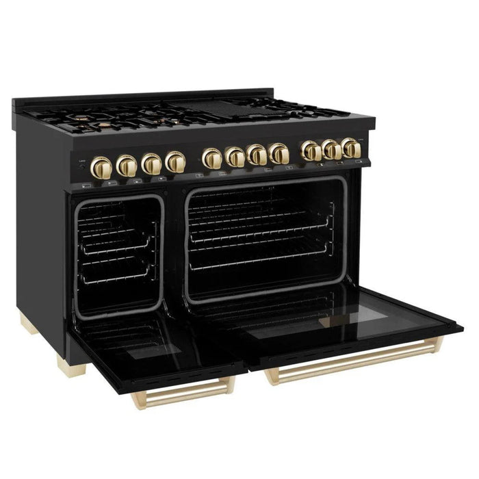 ZLINE Autograph Edition 30", 36", & 48" Black Stainless Steel 4-Piece Kitchen Package with Dual Fuel Range, Range Hood, Dishwasher, and Refrigerator—Polished Gold Accents
