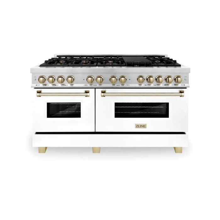ZLINE Autograph Edition 24", 30", 36", 48", & 60" Legacy Dual Fuel Range with White Matte Doors—Champagne Bronze, Polished Gold, and Matte Black Accents RAZ-WM Series.