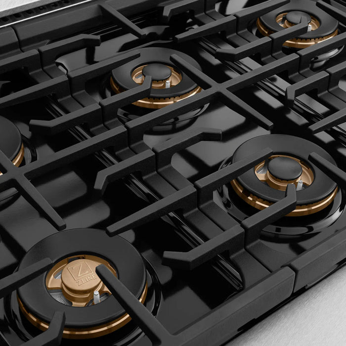 ZLINE Autograph Edition Paramount Gas Rangetop with 6 and 8 Burner DuoPro™ Cooktop in Black Stainless Steel with Polished Gold Accents
