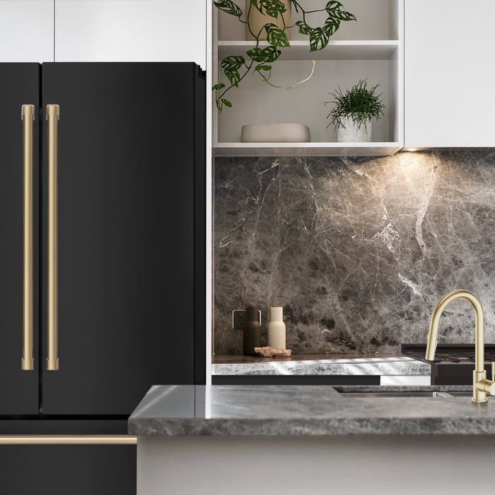 ZLINE 36" Autograph Edition Counter-Depth French Door Refrigerator with Ice Maker in Fingerprint-Resistant Black Stainless Steel and Champagne Bronze Traditional Handles