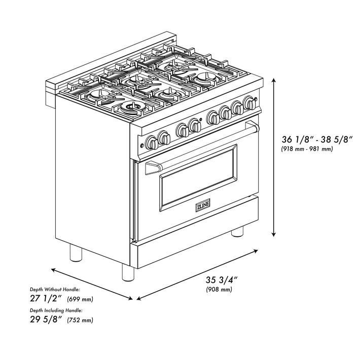 ZLINE 36" Dual Fuel Range with 6 Burner Gas Cooktop and Electric Convection Oven in Black Stainless Steel 4.6 cu. ft