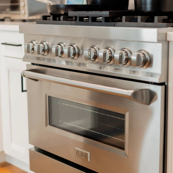 ZLINE 36" Dual Fuel Range with 6 Burner Gas Cooktop and Electric Convection Oven in Black Stainless Steel 4.6 cu. ft