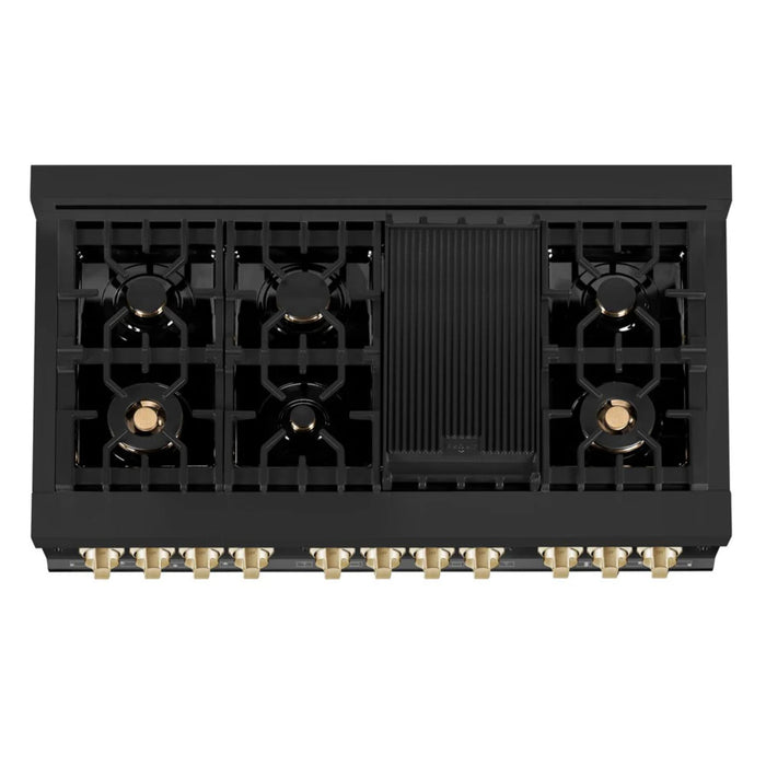 ZLINE Autograph Edition 30", 36", & 48" Black Stainless Steel 4-Piece Kitchen Package with Dual Fuel Range, Range Hood, Dishwasher, and Refrigerator—Polished Gold Accents