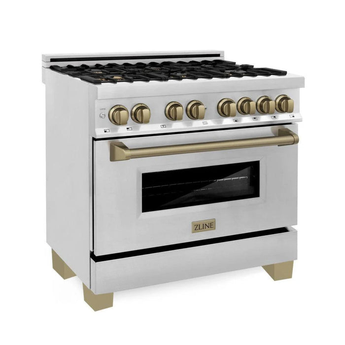 ZLINE Autograph Edition 30", 36", & 48" Stainless Steel 4-Piece Kitchen Package with Champagne Bronze Accents—Dual Fuel Range, Range Hood, Dishwasher, Refrigerator.