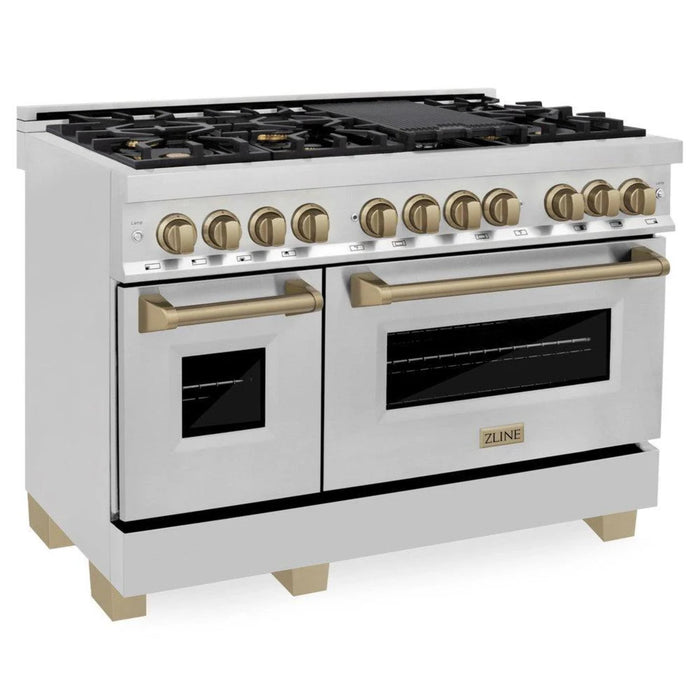 ZLINE Autograph Edition 30", 36", & 48" Stainless Steel 4-Piece Kitchen Package with Champagne Bronze Accents—Dual Fuel Range, Range Hood, Dishwasher, Refrigerator.