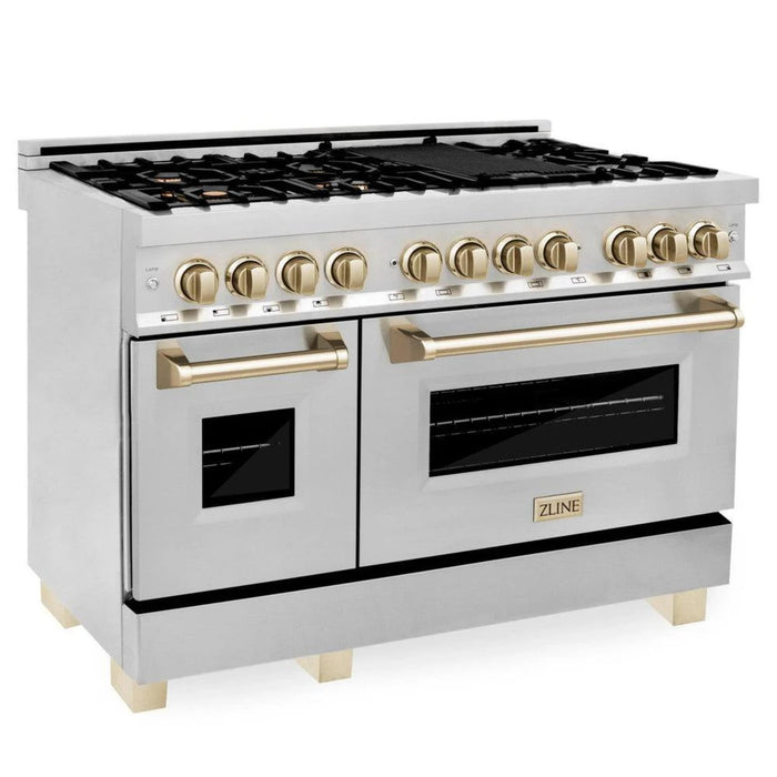 ZLINE Autograph Edition 30", 36", & 48" Stainless Steel 4-Piece Kitchen Package with Polished Gold Accents—Dual Fuel Range, Wall Mount Range Hood, Dishwasher, and Refrigerator.