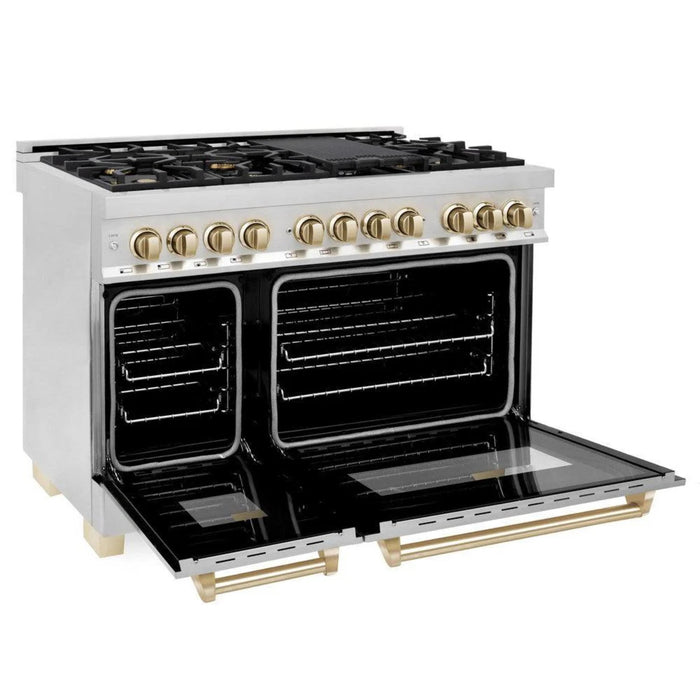 ZLINE Autograph Edition 30", 36", & 48" Stainless Steel 4-Piece Kitchen Package with Polished Gold Accents—Dual Fuel Range, Wall Mount Range Hood, Dishwasher, and Refrigerator