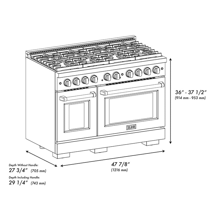 ZLINE 48" Paramount Double Oven Gas Range with 8 Burner Cooktop in Stainless Steel