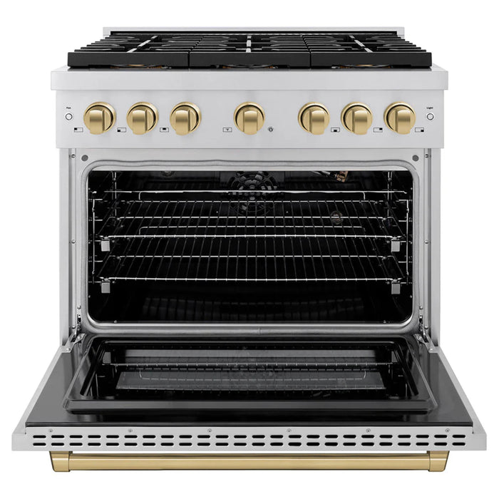 ZLINE Autograph Edition 48" & 36" Paramount Gas Ranges with 6 and 8 Burner DuoPro™ Cooktop and Dual Ovens in Stainless Steel with Black Matte, Polished Gold, and Champagne Bronze Accents