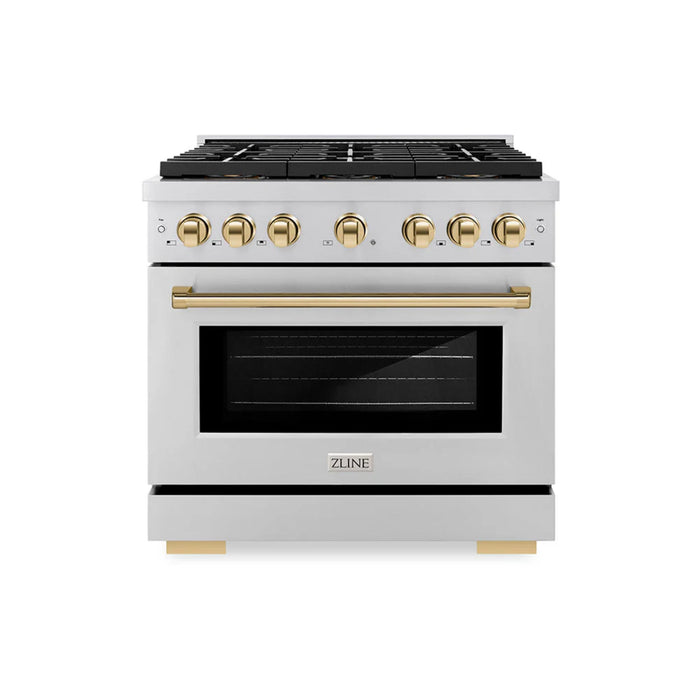 ZLINE Autograph Edition 48" & 36" Paramount Gas Ranges with 6 and 8 Burner DuoPro™ Cooktop and Dual Ovens in Stainless Steel with Black Matte, Polished Gold, and Champagne Bronze Accents