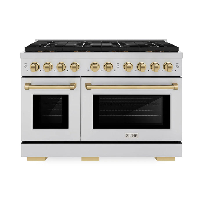 ZLINE Autograph Edition 48" & 36" Paramount Gas Ranges with 6 and 8 Burner DuoPro™ Cooktop and Dual Ovens in Stainless Steel with Black Matte, Polished Gold, and Champagne Bronze Accents