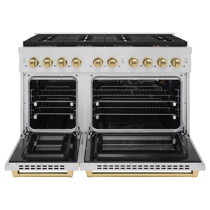 ZLINE Autograph Edition 48" & 36" Paramount Gas Ranges with 6 and 8 Burner DuoPro™ Cooktop and Dual Ovens in Stainless Steel with Black Matte, Polished Gold, and Champagne Bronze Accents