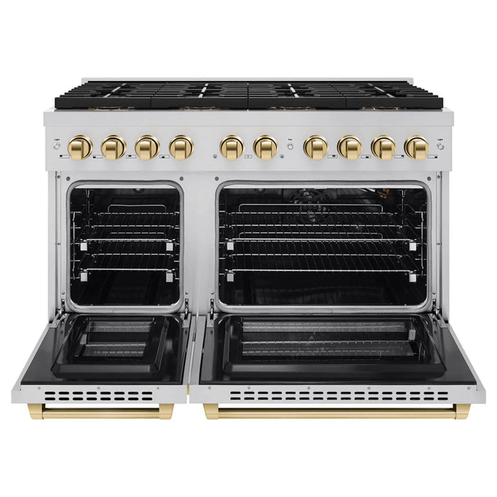 ZLINE Autograph Edition 48" & 36" Paramount Gas Ranges with 6 and 8 Burner DuoPro™ Cooktop and Dual Ovens in Stainless Steel with Black Matte, Polished Gold, and Champagne Bronze Accents