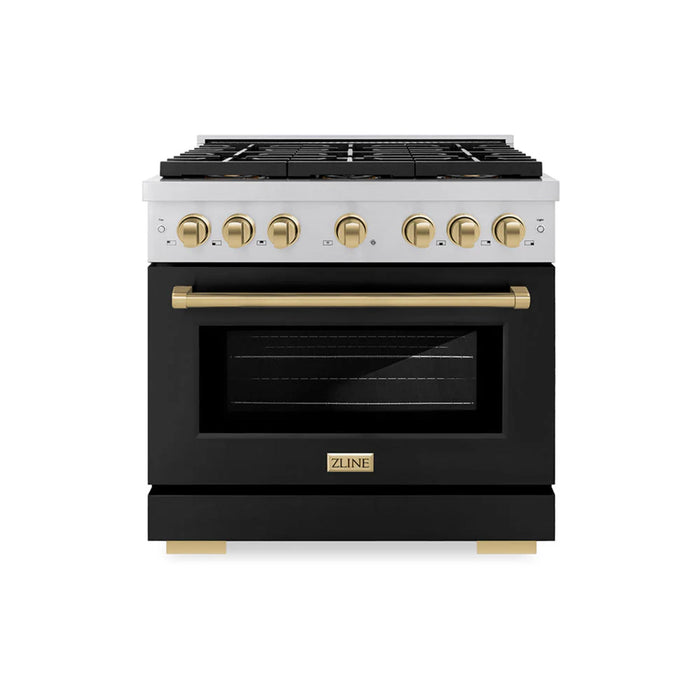 ZLINE Autograph Edition 48" & 36" Paramount Gas Ranges with 6 and 8 Burner DuoPro™ Cooktop and Convection Gas Oven with Black Matte Door Polished Gold or Champagne Bronze Accents
