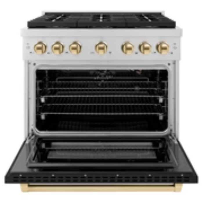 ZLINE Autograph Edition 48" & 36" Paramount Gas Ranges with 6 and 8 Burner DuoPro™ Cooktop and Convection Gas Oven with Black Matte Door Polished Gold or Champagne Bronze Accents