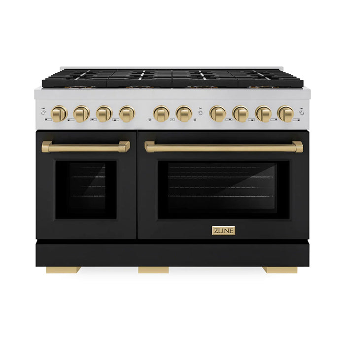 ZLINE Autograph Edition 48" & 36" Paramount Gas Ranges with 6 and 8 Burner DuoPro™ Cooktop and Convection Gas Oven with Black Matte Door Polished Gold or Champagne Bronze Accents