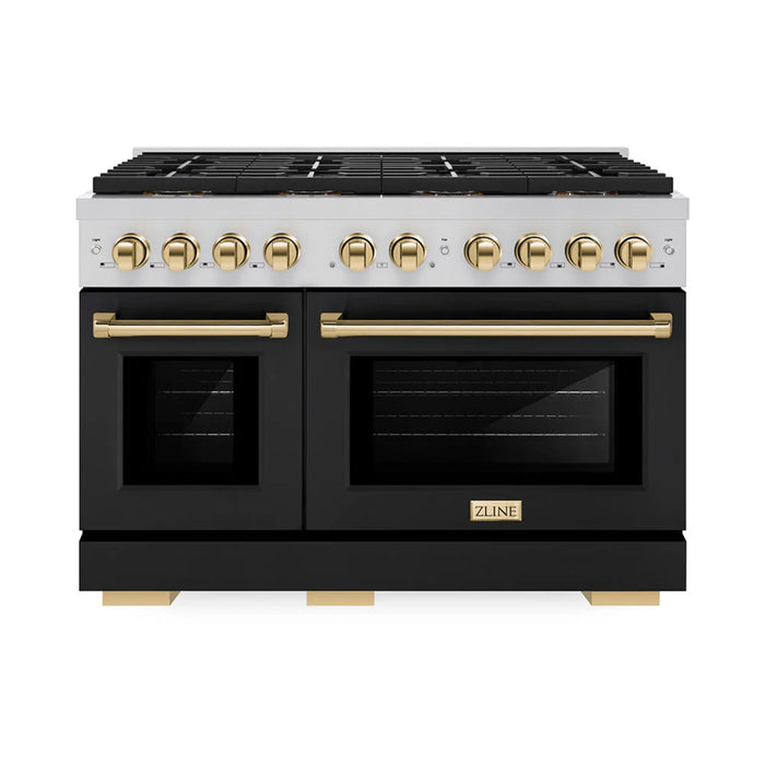 ZLINE Autograph Edition 48" & 36" Paramount Gas Ranges with 6 and 8 Burner DuoPro™ Cooktop and Convection Gas Oven with Black Matte Door Polished Gold or Champagne Bronze Accents