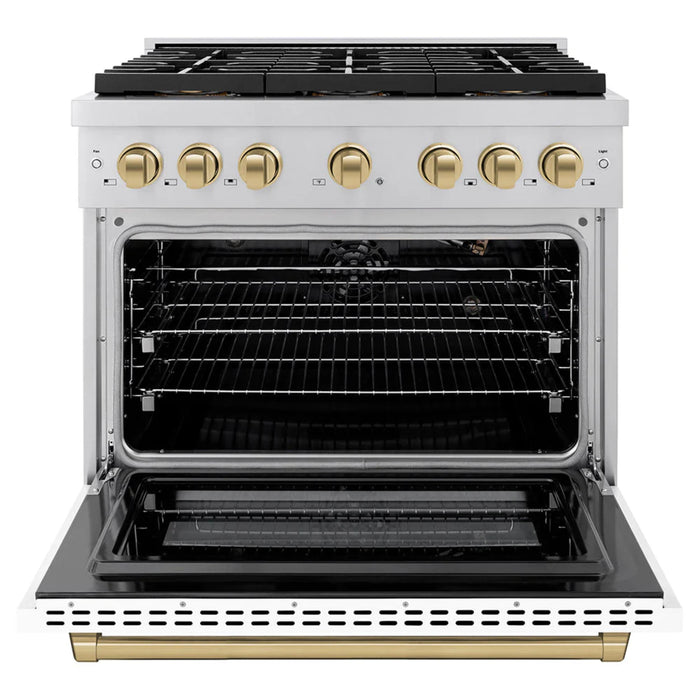ZLINE Autograph Edition Paramount Gas Ranges with 6 and 8 Burner Cooktops, Convection Ovens, White Matte Doors, and Champagne Bronze Accents