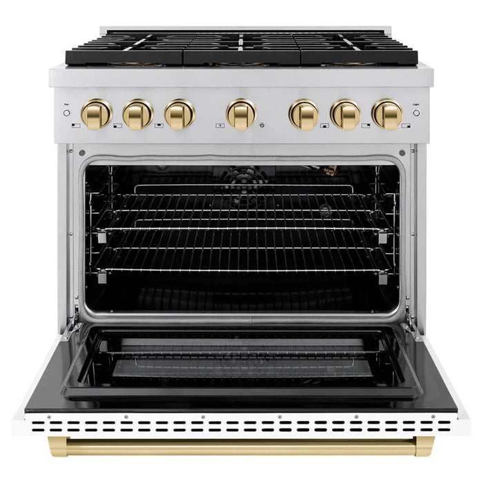 ZLINE Autograph Edition Paramount Gas Ranges with 6 and 8 Burner Cooktops and Convection Ovens in Stainless Steel with White Matte Doors and Polished Gold Accents