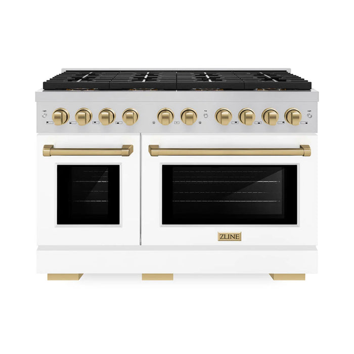 ZLINE Autograph Edition Paramount Gas Ranges with 6 and 8 Burner Cooktops, Convection Ovens, White Matte Doors, and Champagne Bronze Accents