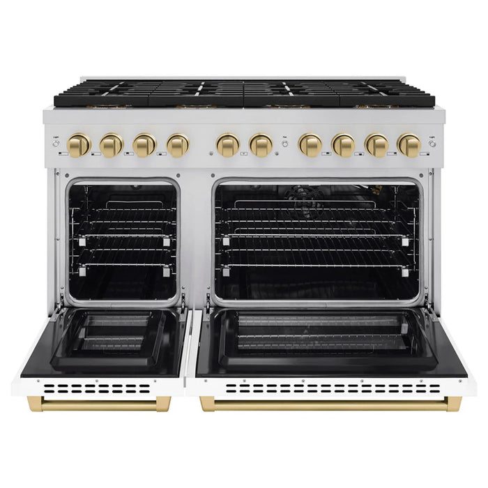 ZLINE Autograph Edition Paramount Gas Ranges with 6 and 8 Burner Cooktops, Convection Ovens, White Matte Doors, and Champagne Bronze Accents