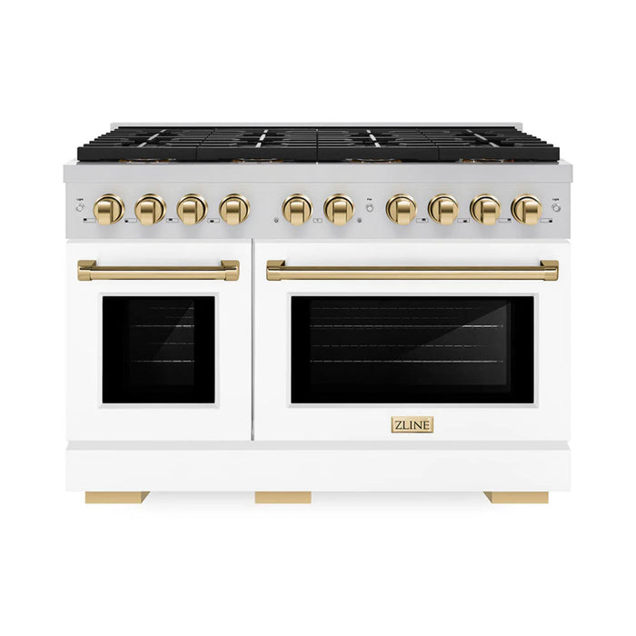 ZLINE Autograph Edition Paramount Gas Ranges with 6 and 8 Burner Cooktops and Convection Ovens in Stainless Steel with White Matte Doors and Polished Gold Accents
