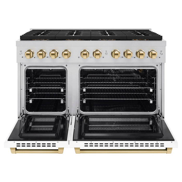 ZLINE Autograph Edition Paramount Gas Ranges with 6 and 8 Burner Cooktops and Convection Ovens in Stainless Steel with White Matte Doors and Polished Gold Accents