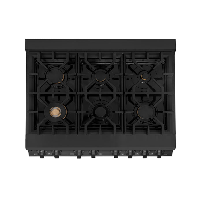 ZLINE 36" Legacy Dual Fuel Range with Gas Cooktop and Electric Convection Oven in Black Stainless Steel with 6 Brass Burners