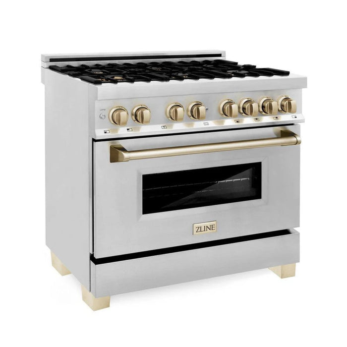 ZLINE Autograph Edition 30", 36", & 48" Stainless Steel 4-Piece Kitchen Package with Polished Gold Accents—Dual Fuel Range, Wall Mount Range Hood, Dishwasher, and Refrigerator