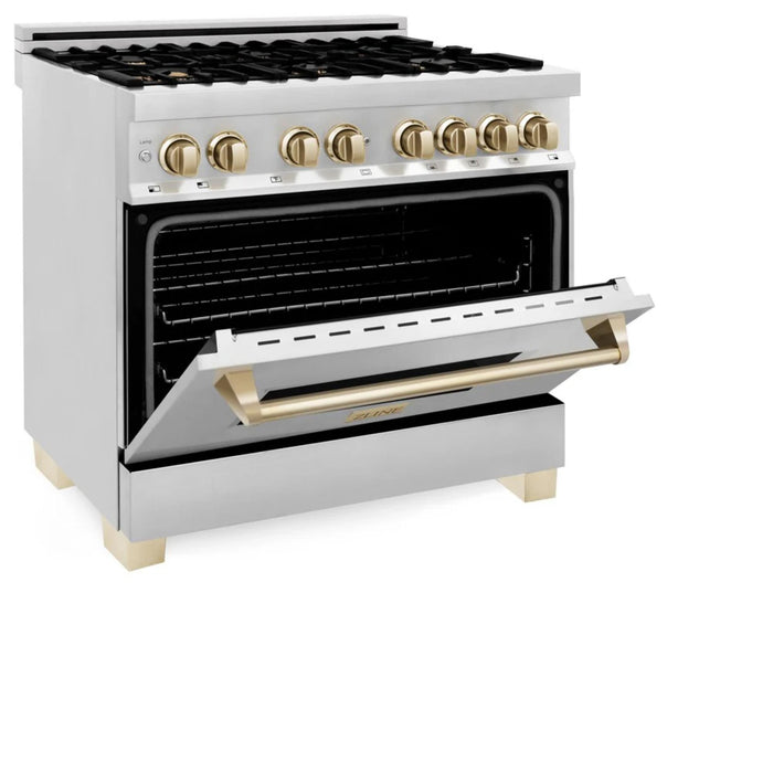 ZLINE Autograph Edition 30", 36", & 48" Stainless Steel 4-Piece Kitchen Package with Polished Gold Accents—Dual Fuel Range, Wall Mount Range Hood, Dishwasher, and Refrigerator