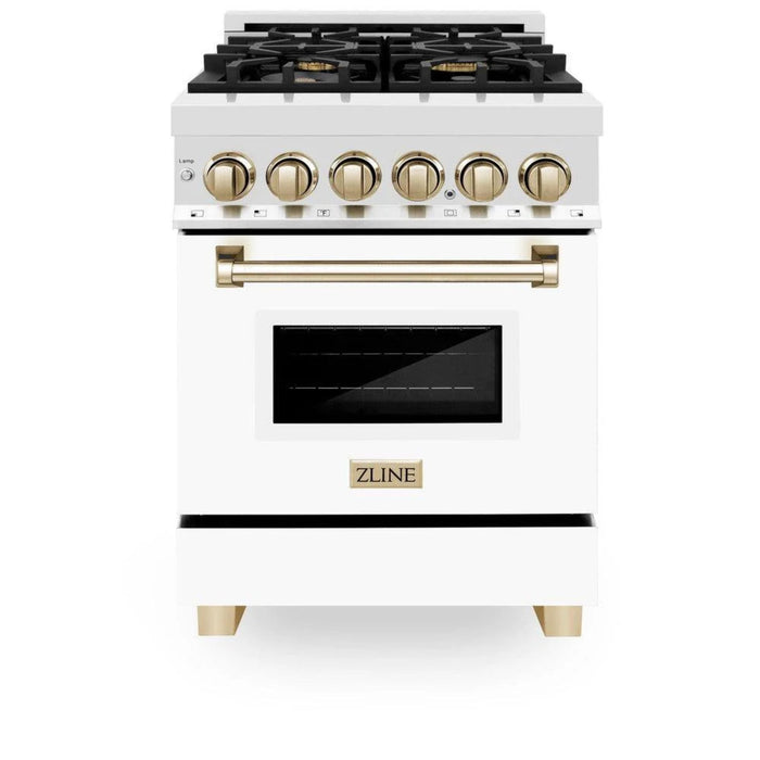 ZLINE Autograph Edition 24", 30", 36", 48", & 60" Legacy Dual Fuel Range with White Matte Doors—Champagne Bronze, Polished Gold, and Matte Black Accents RAZ-WM Series.