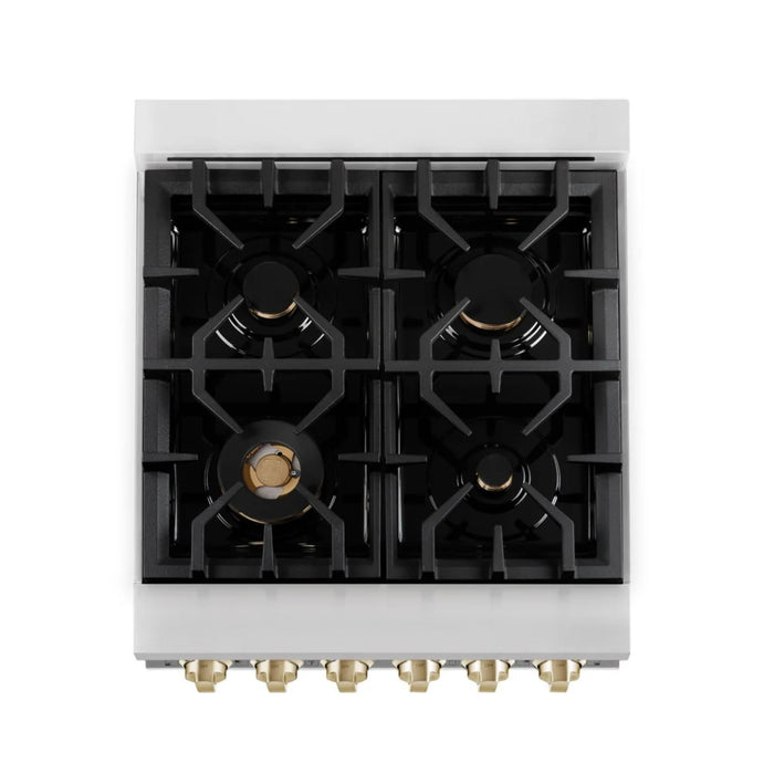 ZLINE Autograph Edition 24", 30", 36", 48", & 60" Legacy Dual Fuel Range with White Matte Doors—Champagne Bronze, Polished Gold, and Matte Black Accents RAZ-WM Series.