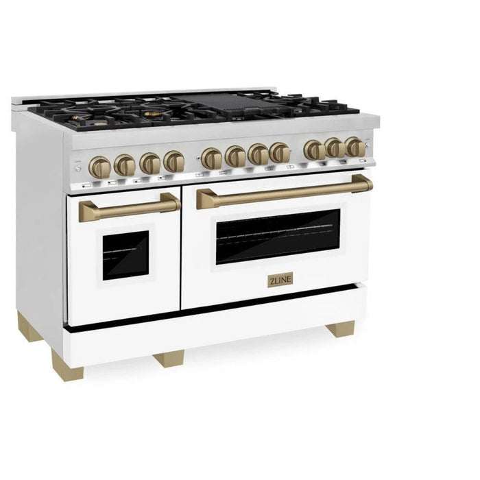 ZLINE Autograph Edition 24", 30", 36", 48", & 60" Legacy Dual Fuel Range with White Matte Doors—Champagne Bronze, Polished Gold, and Matte Black Accents RAZ-WM Series.