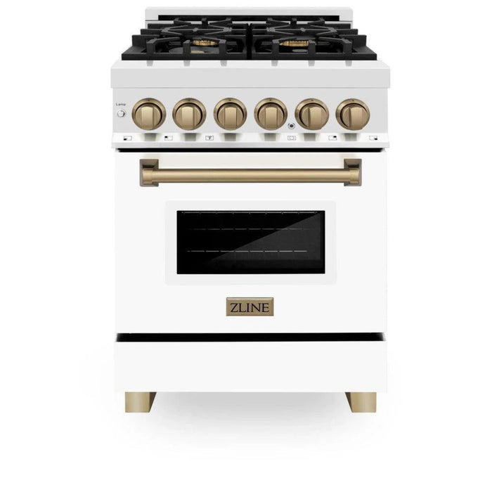 ZLINE Autograph Edition 24", 30", 36", 48", & 60" Legacy Dual Fuel Range with White Matte Doors—Champagne Bronze, Polished Gold, and Matte Black Accents RAZ-WM Series.