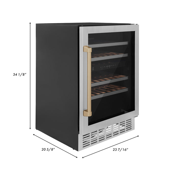 ZLINE 24" Monument Autograph Edition Dual Zone 44-Bottle Wine Cooler in Stainless Steel with Champagne Bronze Accents