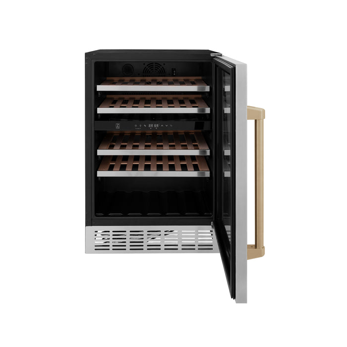 ZLINE 24" Monument Autograph Edition Dual Zone 44-Bottle Wine Cooler in Stainless Steel with Champagne Bronze Accents