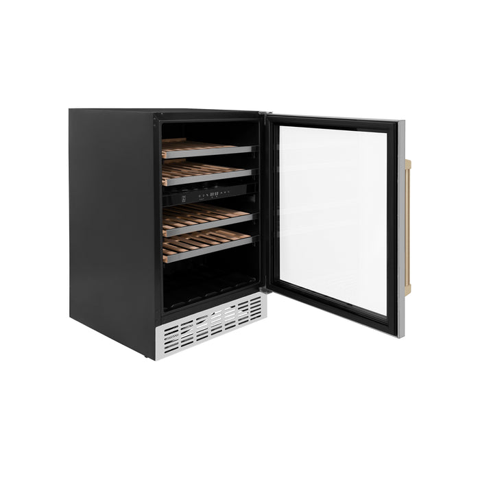 ZLINE 24" Monument Autograph Edition Dual Zone 44-Bottle Wine Cooler in Stainless Steel with Champagne Bronze Accents
