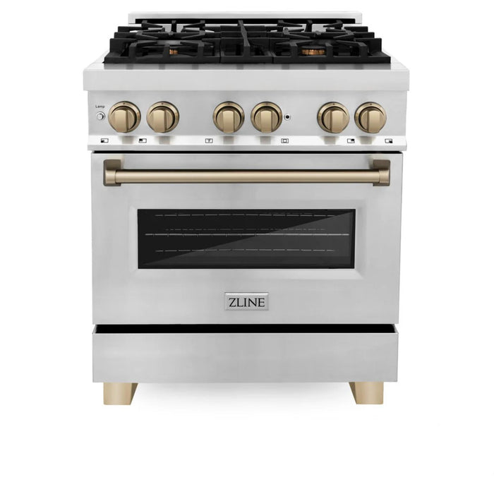 ZLINE Autograph Edition 24", 30", 36", & 48" Legacy Dual Fuel Range with Champagne Bronze, Polished Gold nd Matte Black.
