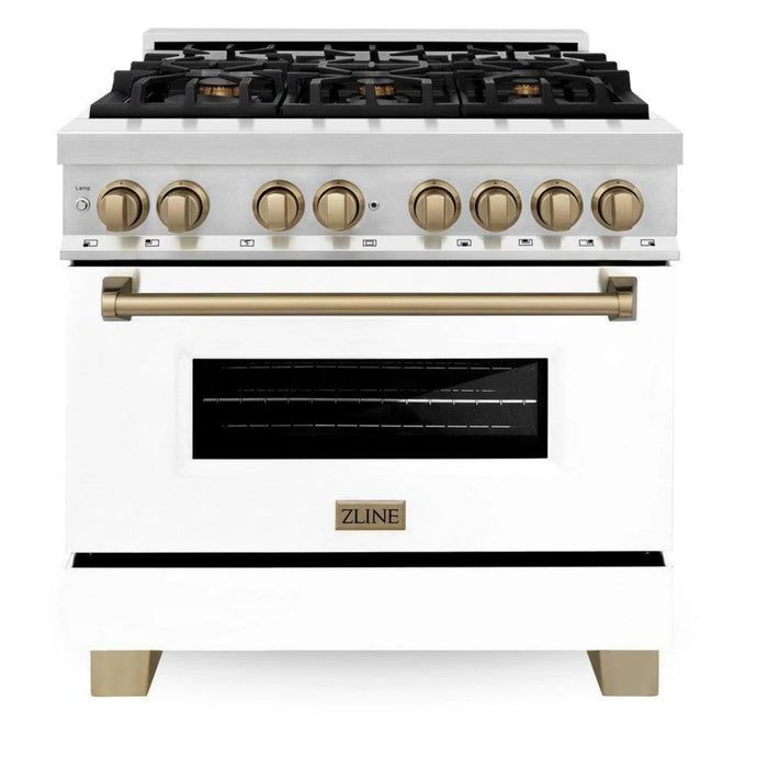 ZLINE Autograph Edition 24", 30", 36", 48", & 60" Legacy Dual Fuel Range with White Matte Doors—Champagne Bronze, Polished Gold, and Matte Black Accents RAZ-WM Series.