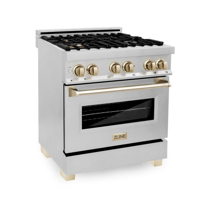 ZLINE Autograph Edition 30", 36", & 48" Stainless Steel 4-Piece Kitchen Package with Polished Gold Accents—Dual Fuel Range, Wall Mount Range Hood, Dishwasher, and Refrigerator