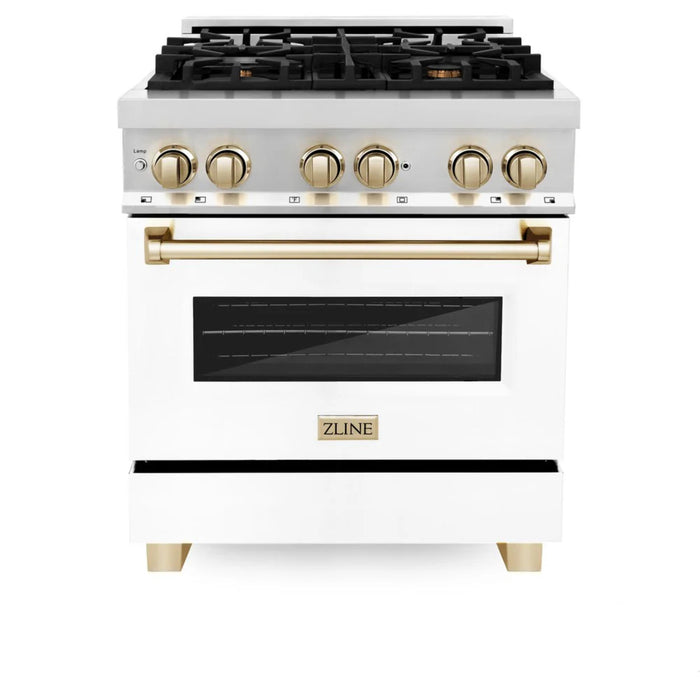 ZLINE Autograph Edition 24", 30", 36", 48", & 60" Legacy Dual Fuel Range with White Matte Doors—Champagne Bronze, Polished Gold, and Matte Black Accents RAZ-WM Series.
