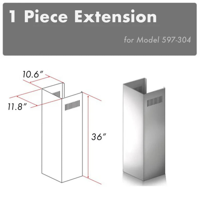 ZLINE 1-Piece 36" Chimney Extension for 9 ft. to 10 ft. Ceilings, Stainless Steel (Model 597-304)