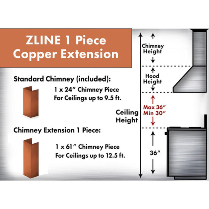 ZLINE 61-Inch Extended Copper Chimney and Crown Extension.