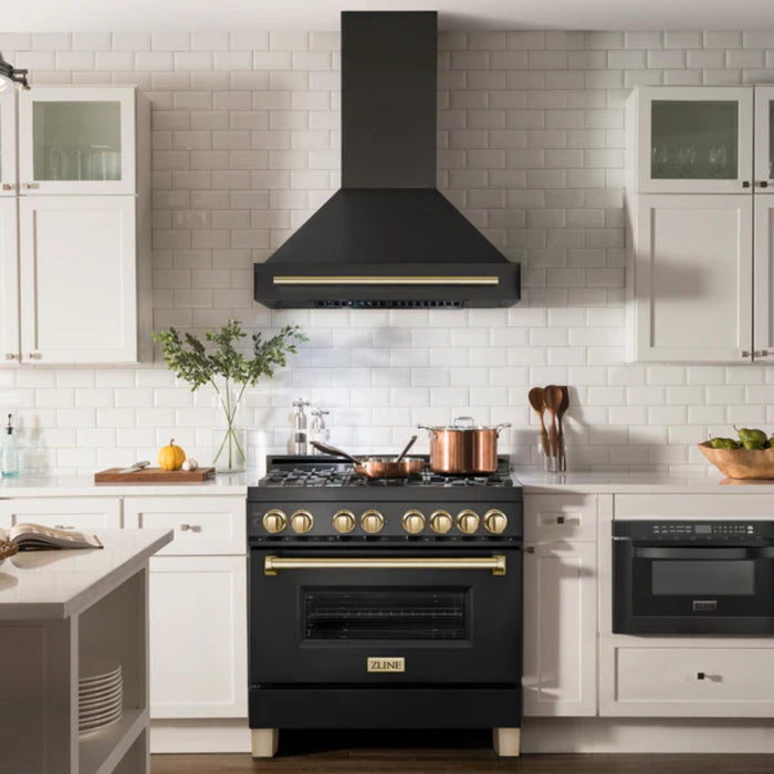 ZLINE Autograph Edition Black Stainless Steel Wall Mount Range Hood with Gold Handle