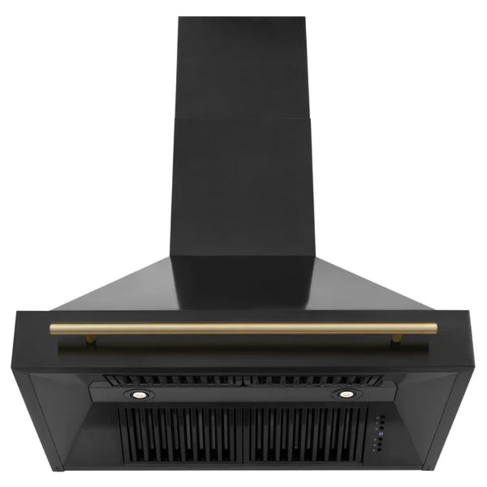 ZLINE Autograph Edition Black Stainless Steel Wall Mount Range Hood with Champagne Bronze Handle
