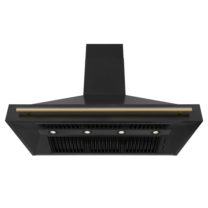 ZLINE 48" Black Stainless Steel Range Hood with Champagne Bronze Handle