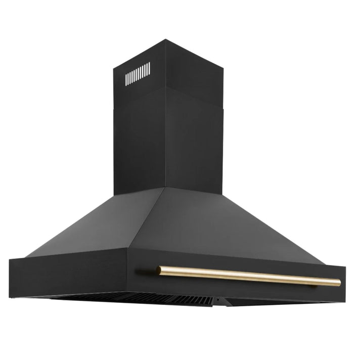 ZLINE Autograph Edition 30", 36", & 48" Black Stainless Steel 4-Piece Kitchen Package with Dual Fuel Range, Range Hood, Dishwasher, and Refrigerator—Polished Gold Accents