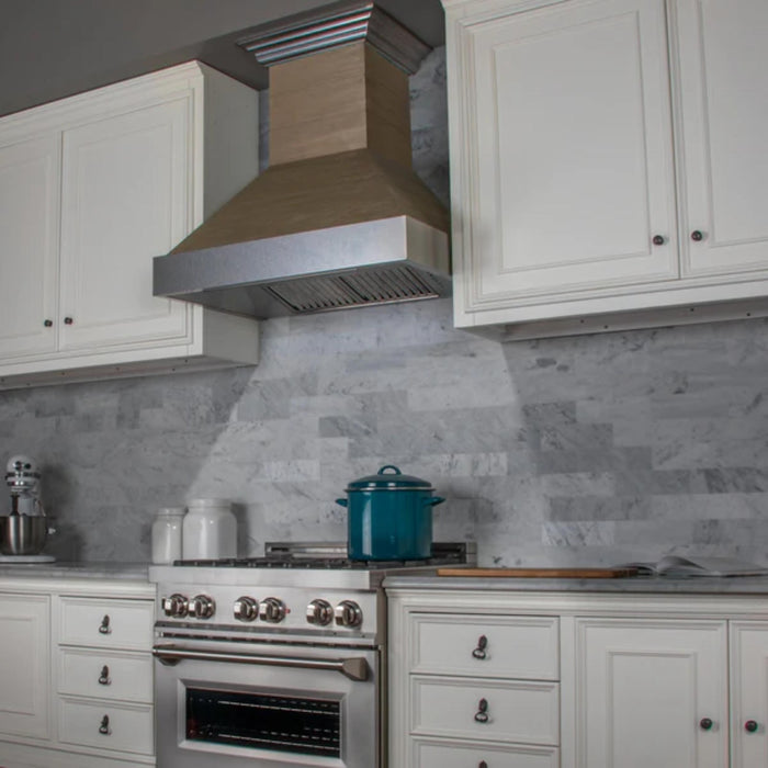 ZLINE 30" & 36" Wooden Wall Mount Range Hoods in Rustic Shiplap Sunwashed Yellow with Stainless Steel Accents