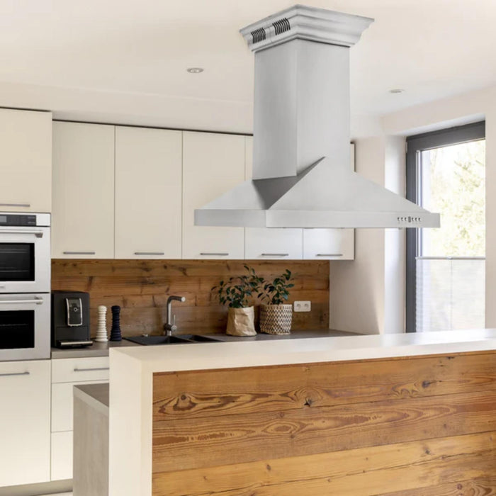 ZLINE GL1iCRN-BT 30" and 36" CrownSound™ Island Mount Range Hood with Built-in Bluetooth Speakers.